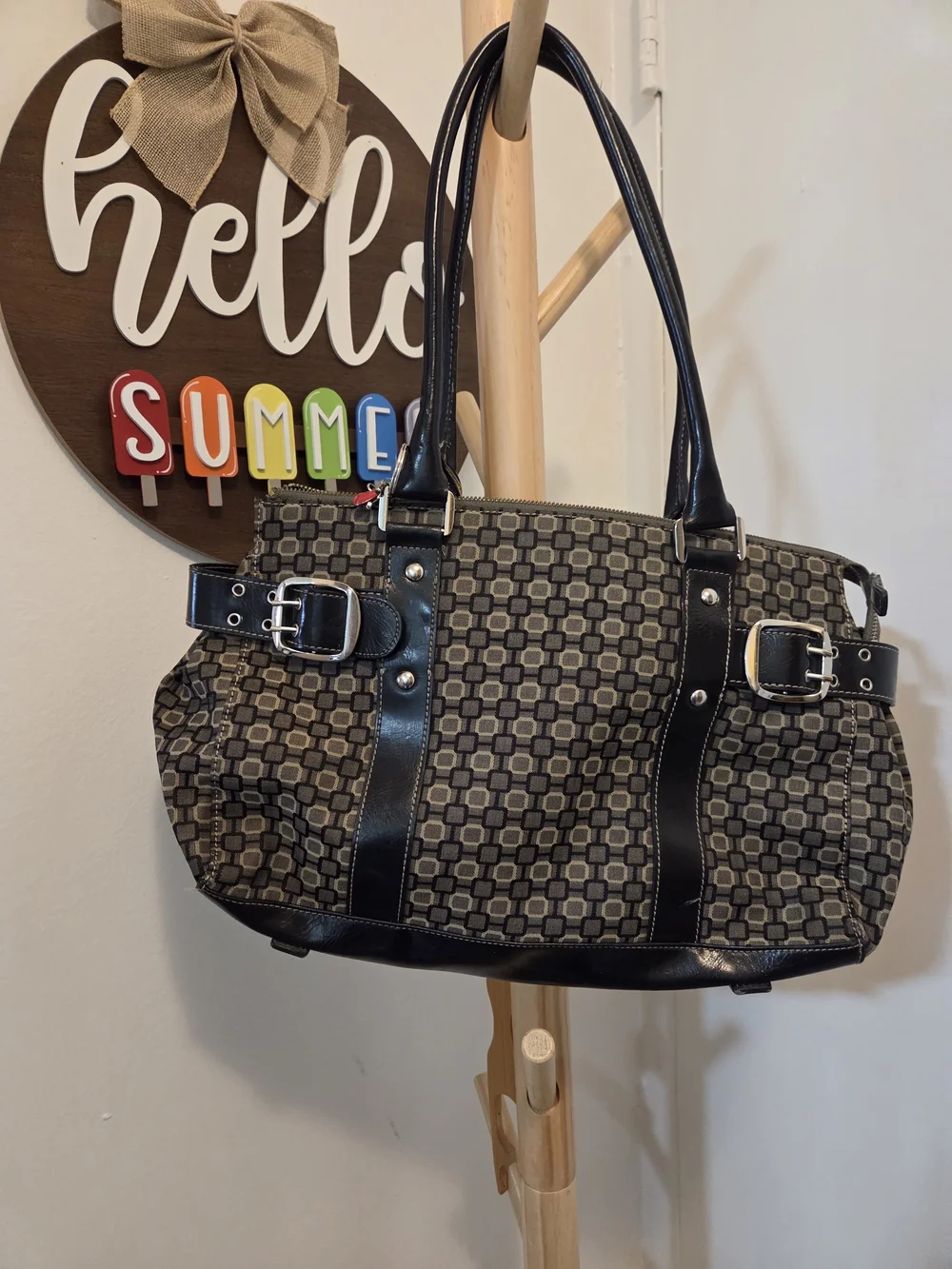 Nine West Black and Tan Patterned Shoulder Bag with Buckle Straps